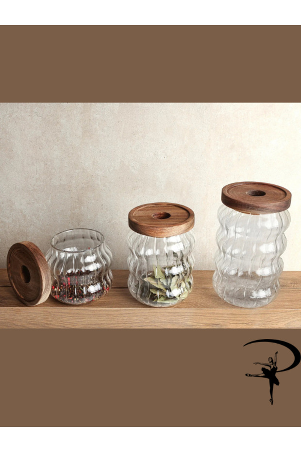 Charla 3'lü Akasya Kapaklı Dalgalı Cam Kavanoz Seti 340 ml / 530 ml / 680 ml - 4