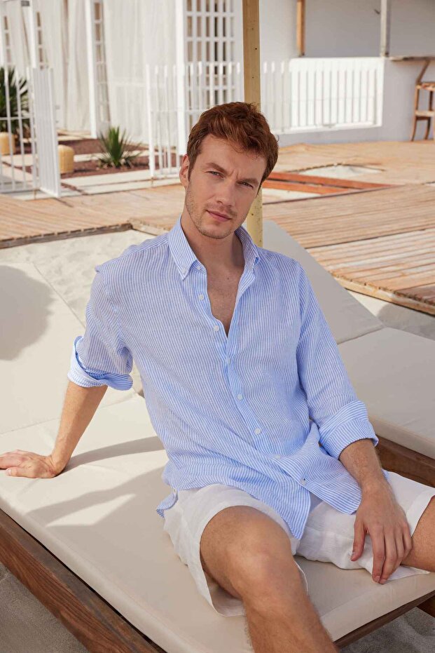 Lapel Button Striped Comfort Fit 100% Linen Men's Shirt