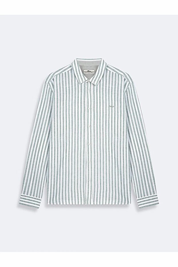 Çizgili Uzun Kollu Keten Görünümlü Regular Yeşil Gömlek - 1