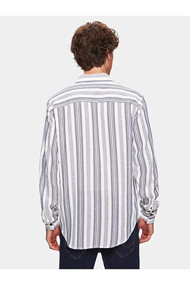 Keten Görünümlü Çizgili Relaxed Uzun Kollu Mavi Gömlek - 3