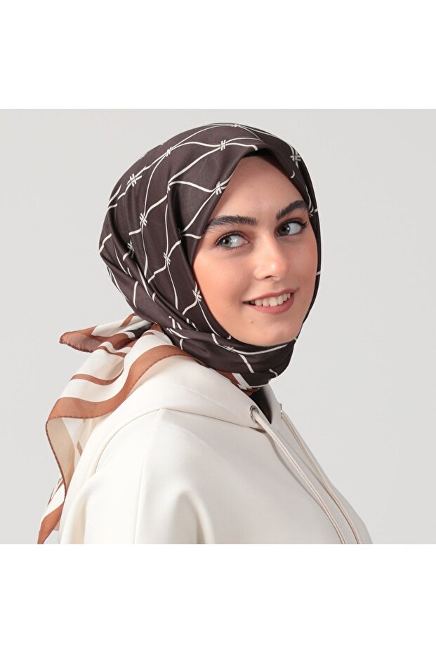 Pamuk Ipek Eşarp - Dalga Desen - Acı Kahve - 2