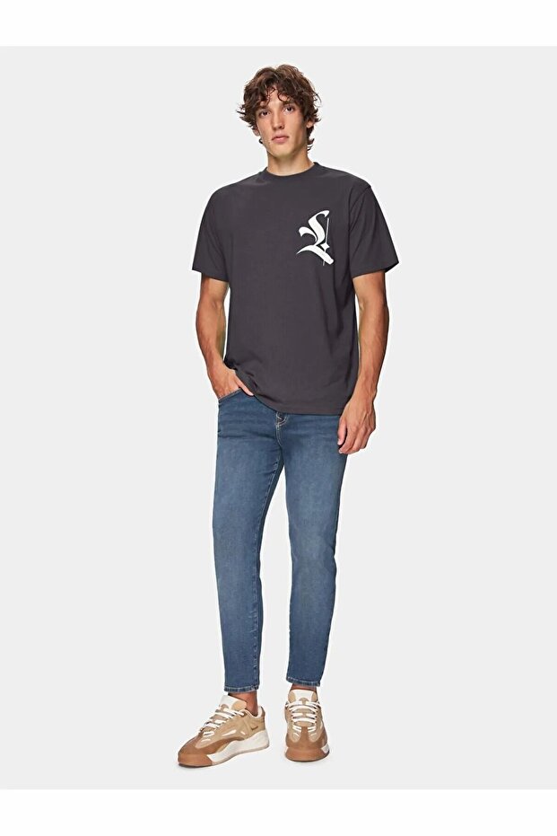 Short Sleeve Graphic Printed Loose Anthracite T-Shirt