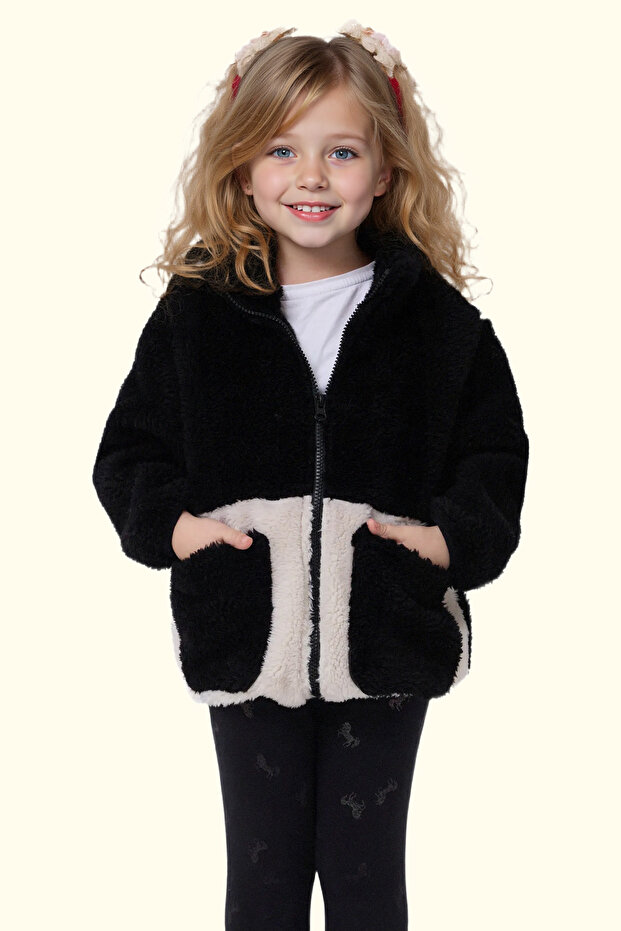 Girl's Plush Black Ecru Zippered Welsoft Winter Coat