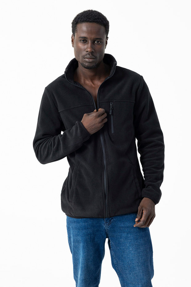 Men's Stand Collar Fleece Black Pocket Detailed Zippered Soft Textured - 6019