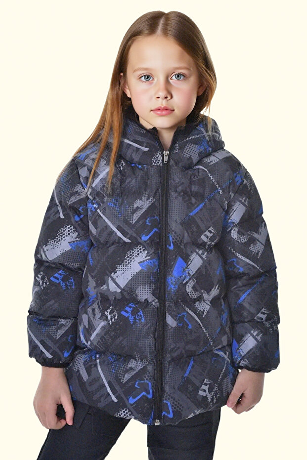 Girl's Cobalt Blue Anthracite Digital Pattern Inside Fleece Water and Windproof Hooded Inflatable Winter Coat