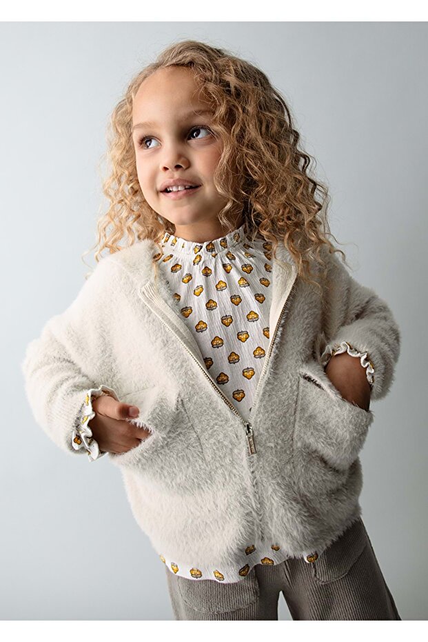 Girl's Fur Hooded Cardigan Ecru