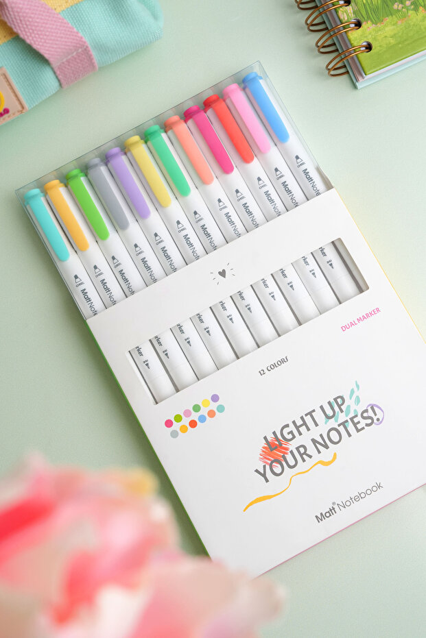 12 Renk Çift Uçlu Fosforlu Kalem Seti – Highlighter + Fineliner | Pastel Renkler Dual - 1