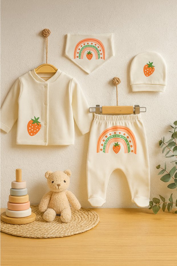 Baby Girl Hospital Discharge Set Strawberry and Rainbow Patterned Natural Cotton 0-3 Months