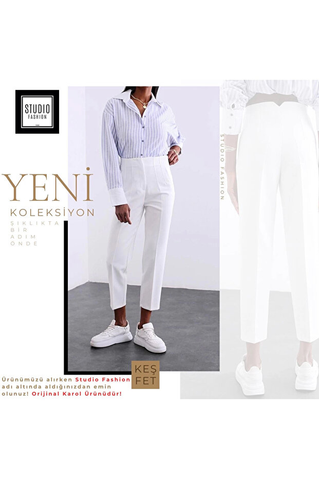 Women's White Flat Front High Waist Zr Model Fabric Trousers