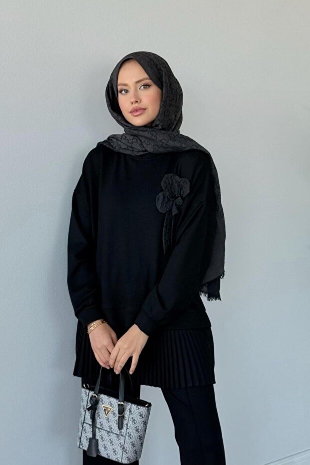 Damla Modal Piliseli Takım Siyah - 2