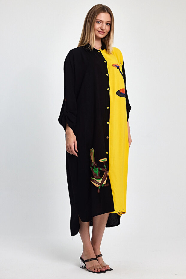 Kadın Maxi Boy Sarı Nakış Işlemeli Dokuma Viscon Elbise Bcvl-251012 - 4