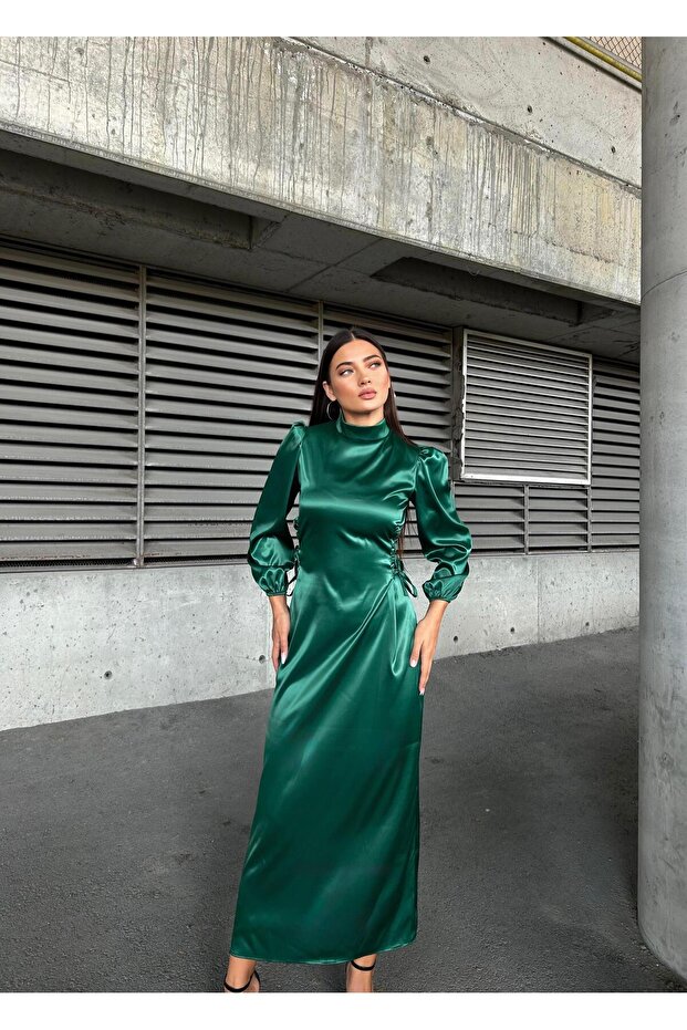 Satin evening dress with side tie emerald 583272 - 2