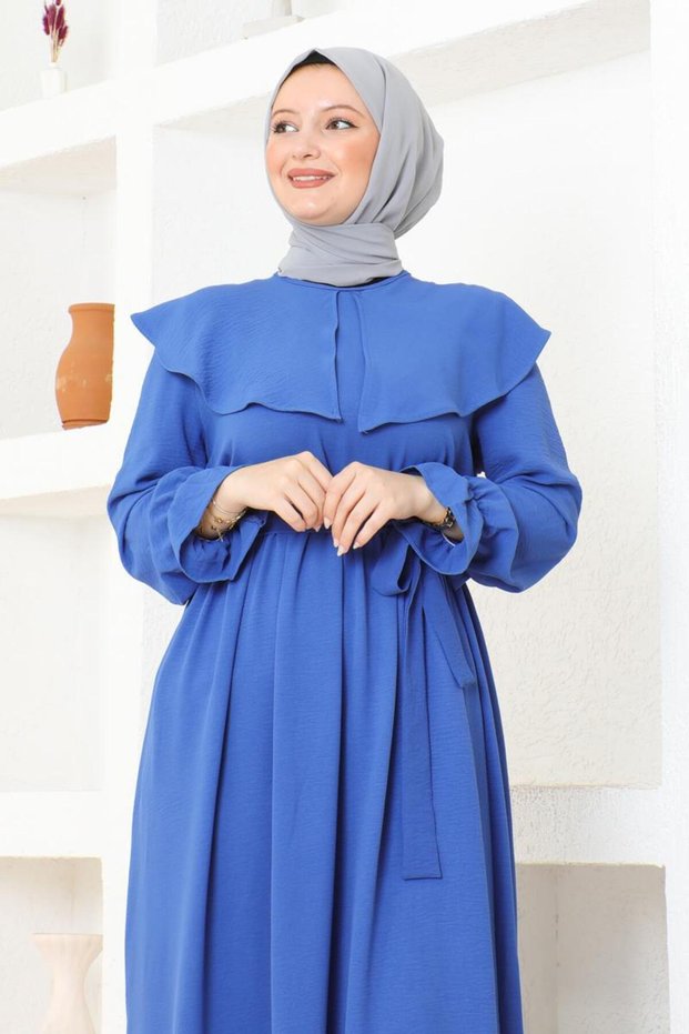 Indigo Hijab Dress - Cloak Collar and Belted BRC1125