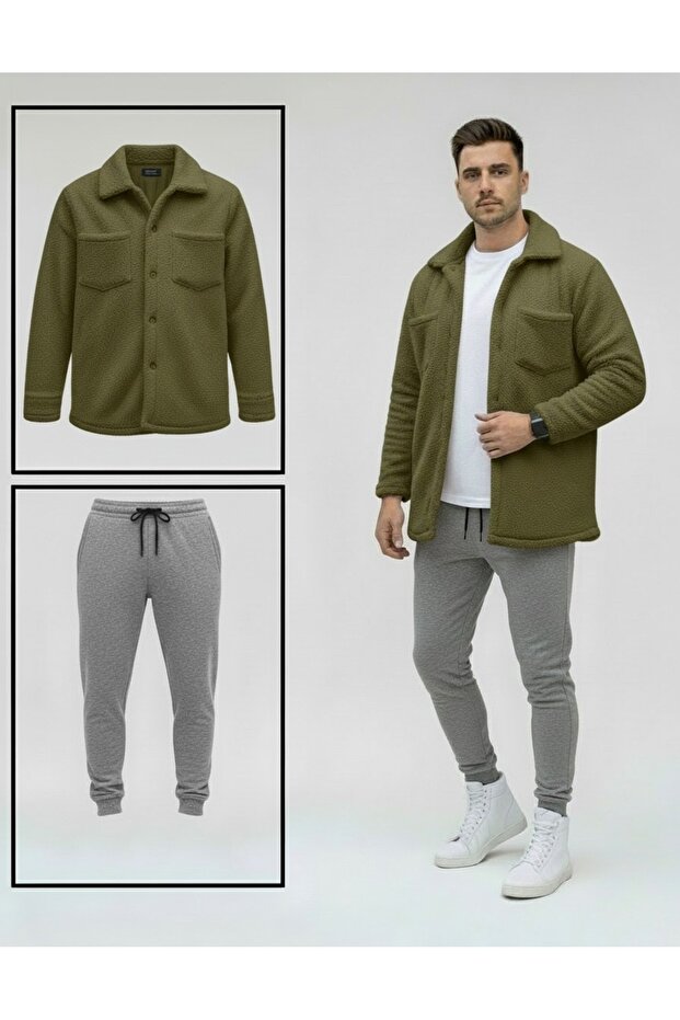 Unisex Plush Khaki Jacket And Gray Tracksuit Combination Bottom Top