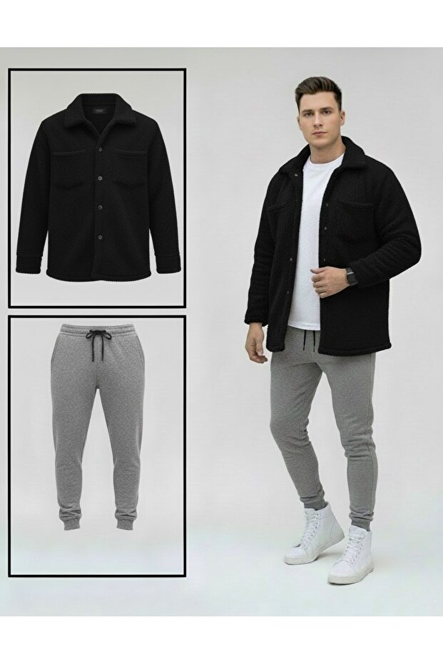 Unisex Plush Black Jacket And Gray Tracksuit Combination Bottom Top