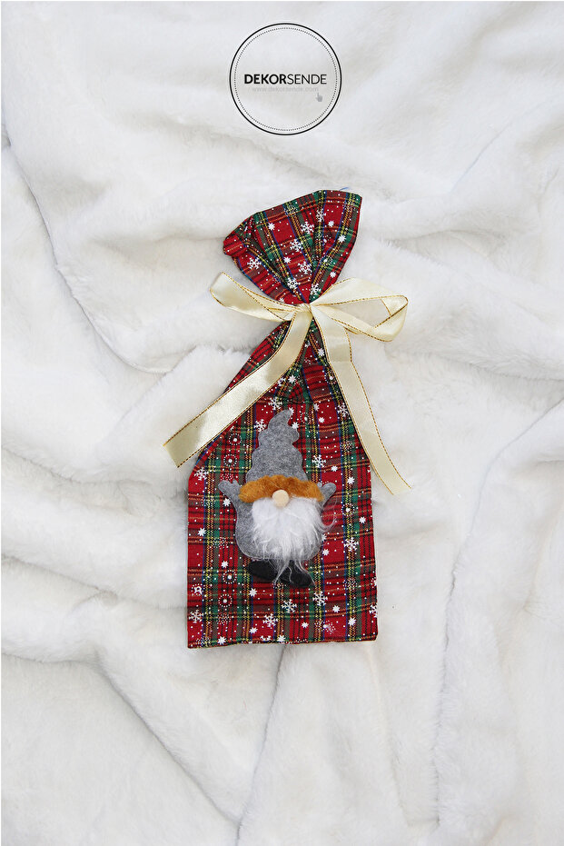 New Year's Ornament Snow Detailed Gray Hat Dwarf Gift Bag Red White 20 cm