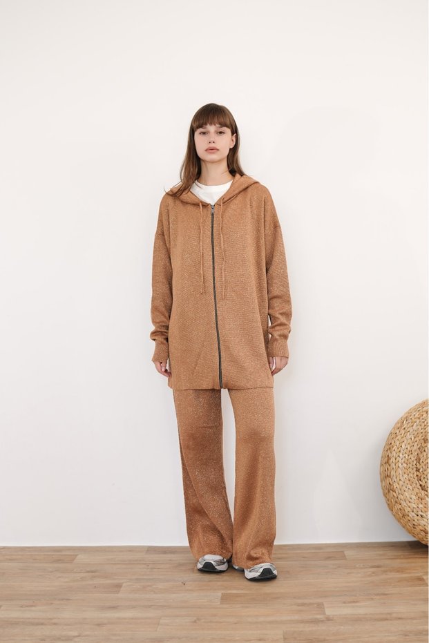 Women's Silvery Mercerized Knitwear Camel Cardigan Set with Trousers