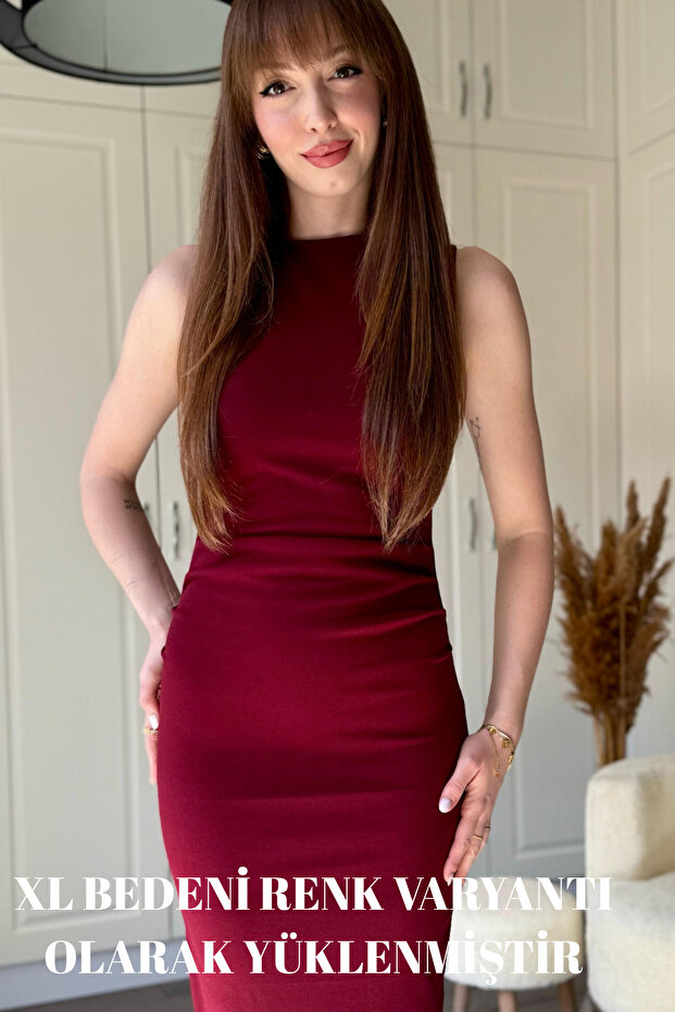 Drapeli Midi Bordo Elbise - 1