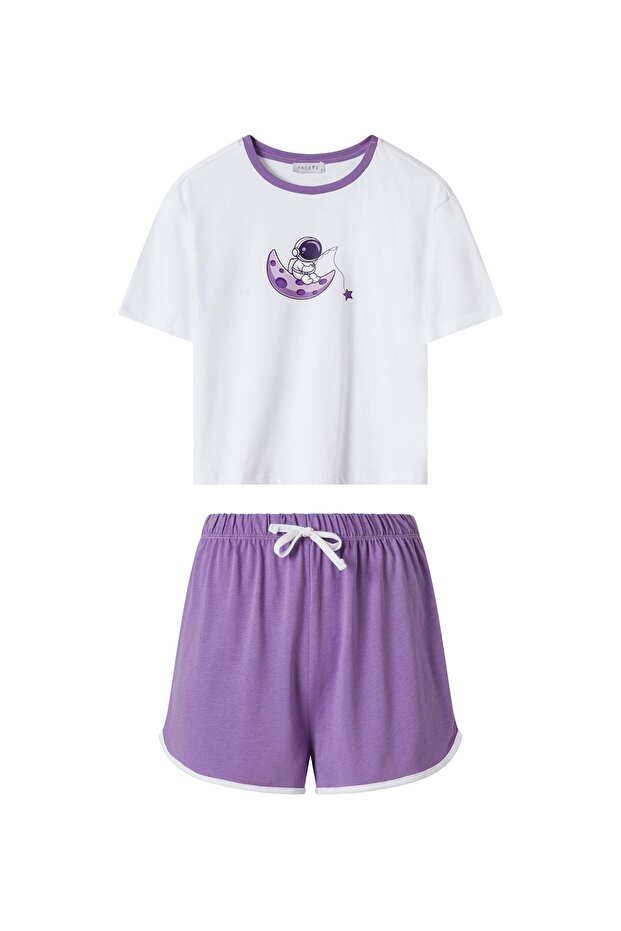 Kadın Lila Astronot Desen Tişört Şort Pijama Takımı - 1
