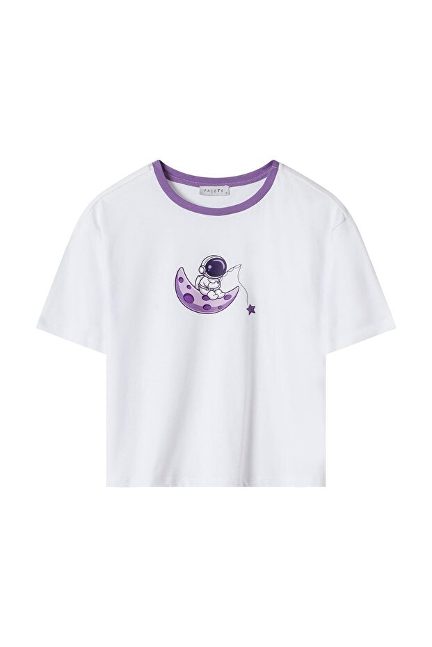 Kadın Lila Astronot Desen Tişört Şort Pijama Takımı - 2