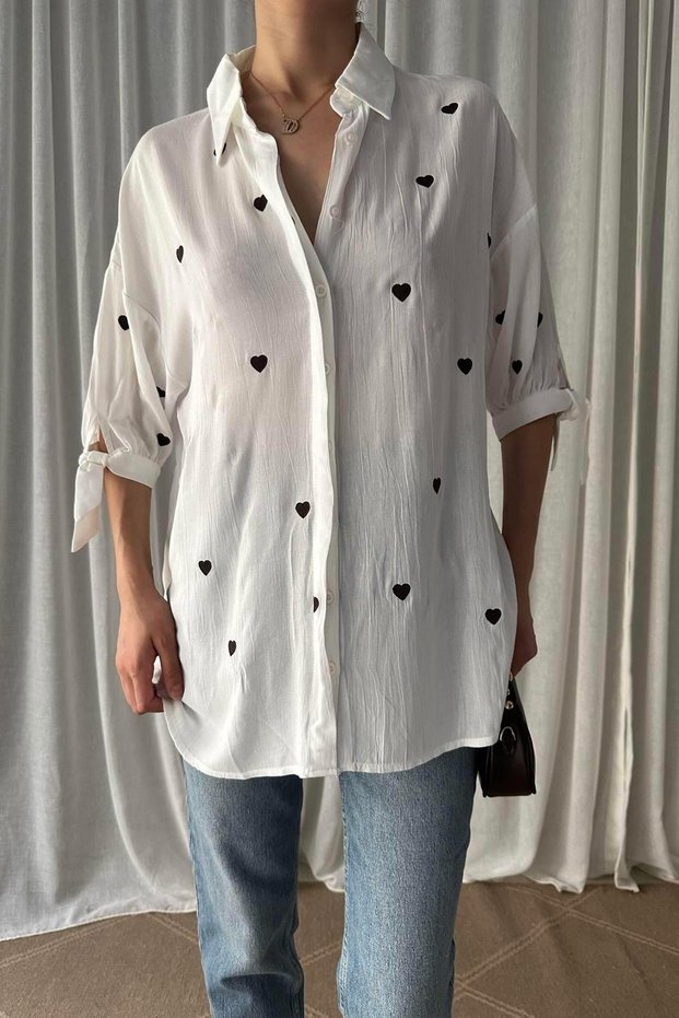 Heart Embroidered Three-Quarter Sleeve Shirt