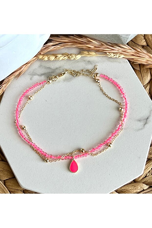 Neon Pink Drop Dangle Double Anklet - 1