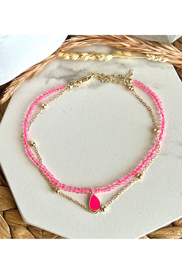 Neon Pink Drop Dangle Double Anklet - 3