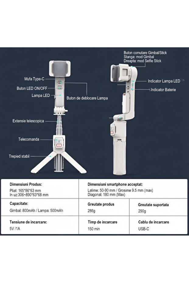 2-axis stabilizer, 39 cm extendable selfie stick, LED light, remote control, Bluetooth, tripod - 7