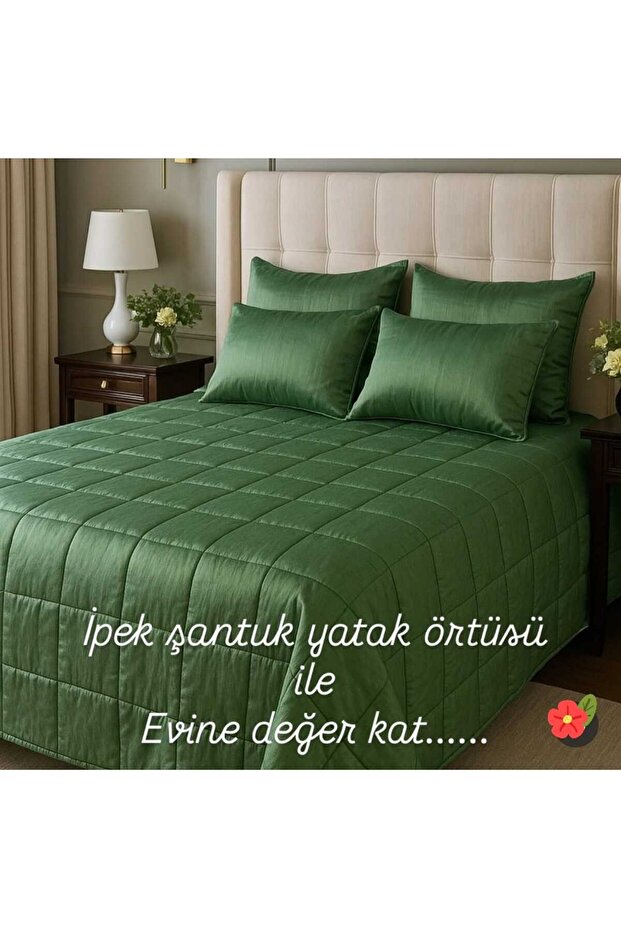Ipek Şantuk Yeşil Çift Kişilik Yatak Örtüsü 280x300cm 2 Adet Kırlent , Muhteşem (1 ADET SET) - 1