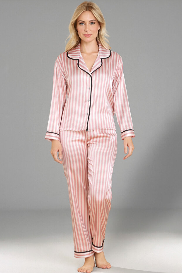 Striped Pink Vip Secret Printed Vs Long Sleeve Piping Women's Satin Pajama Set
