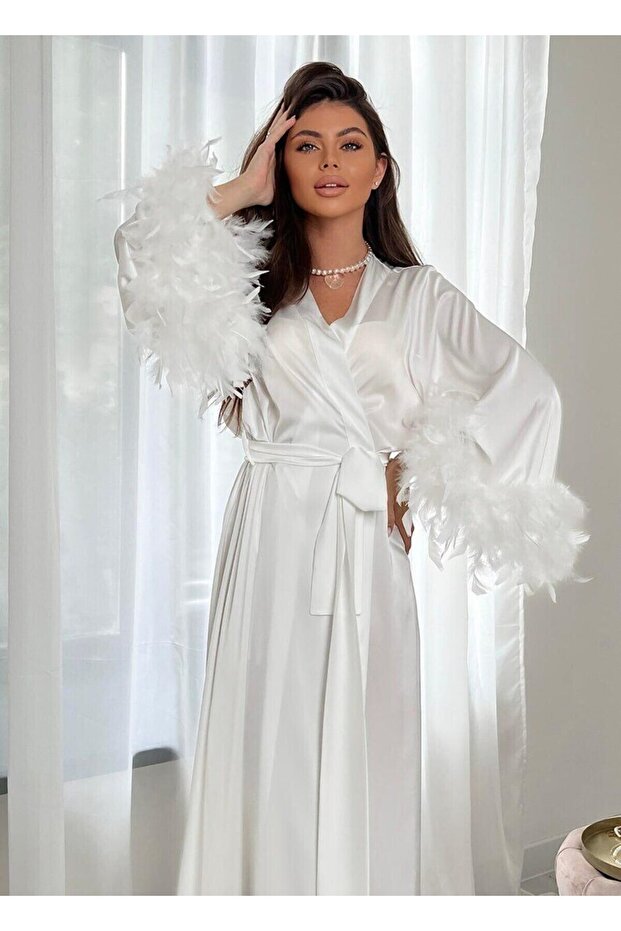 Women's White Silky Satin Ostrich-Detail Bridal Robe - Feathered Prep Kimono