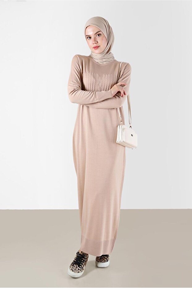 SAÇ ÖRGÜ DESENLİ TRİKO ELBİSE 42015 - 2