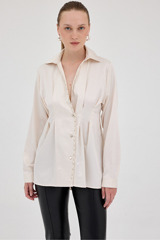 8149A İnci Detay Bel Piliseli Gömlek Bej - 2
