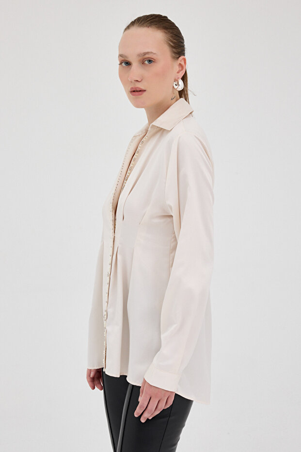 8149A İnci Detay Bel Piliseli Gömlek Bej - 7