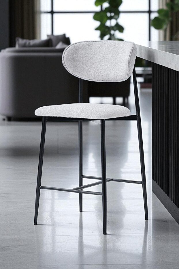 Hanev Serisi 1 Adet 65 Cm Gri Ada Mutfak Bar Sandalyesi Siyah Metal Ayak - 1