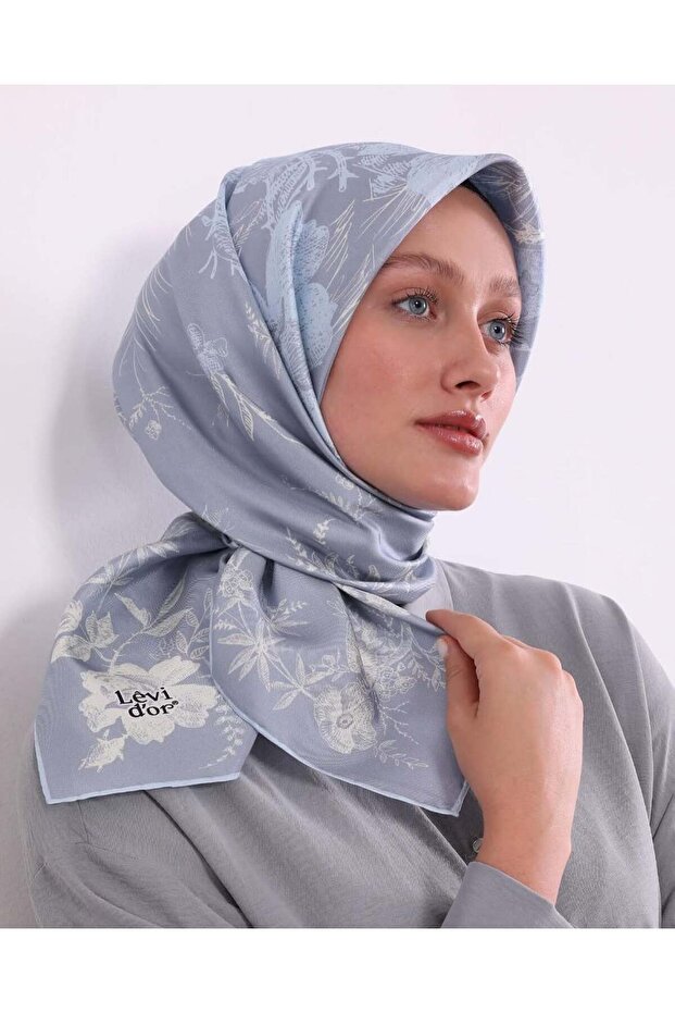 Twill İpek Eşarp Mavi Soyut Gül Desen - 1