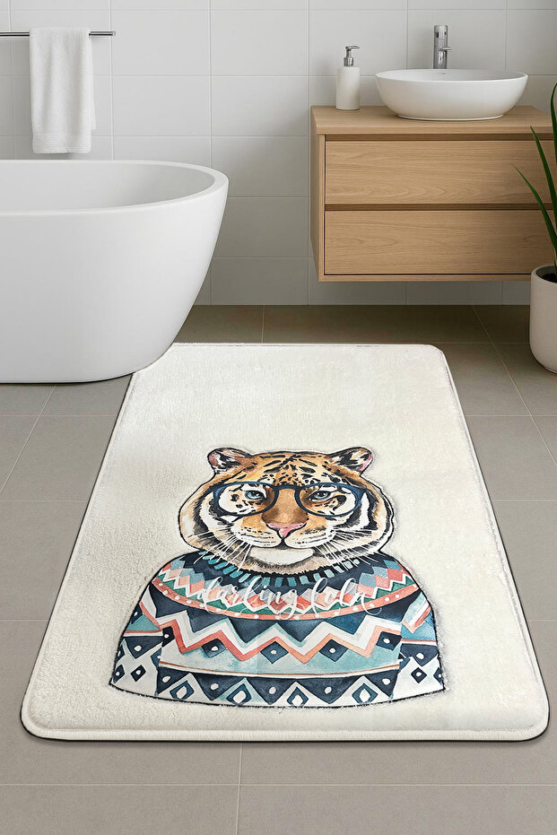 Logwe Ecru Single Embroidered Bath Mat, Non-Slip Base 60X100Cm