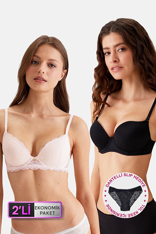 Economic Pack of 2 Powder-black 6329-3 Lyon Underwire Double Push Up Micro Bra Set (Slip with Gift)