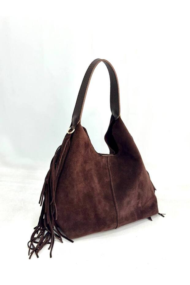 Genuine Suede Leather Women's Shoulder Bag with Tassel Detail