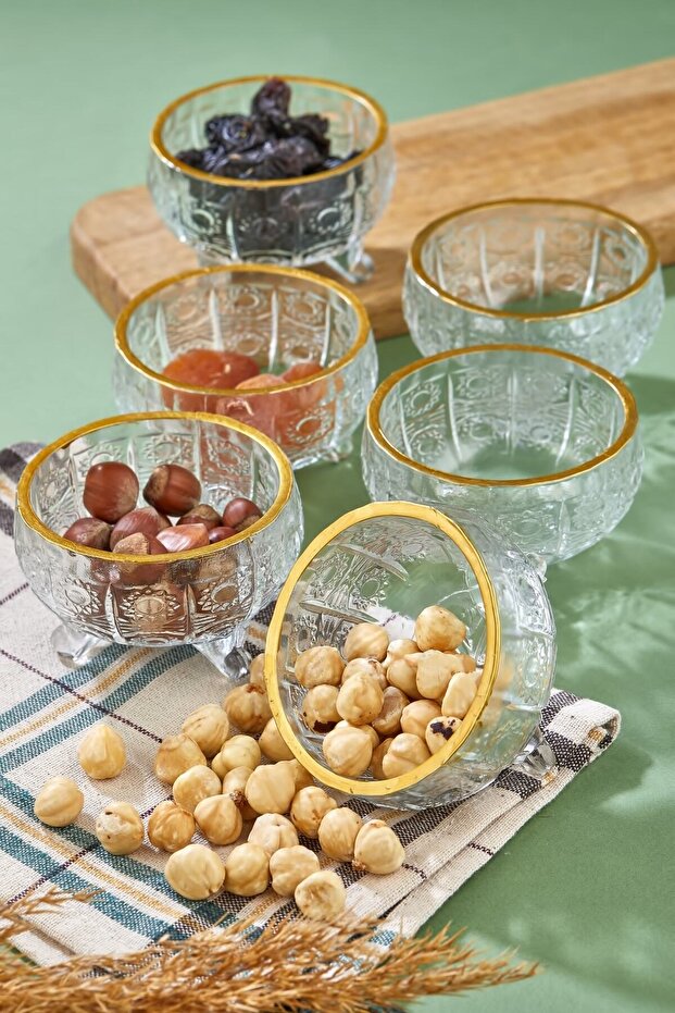 6 Pieces Gold Gilded Footed Presentation Bowl & Sugar Bowl & Turkish Delight Bowl Snack Bowl