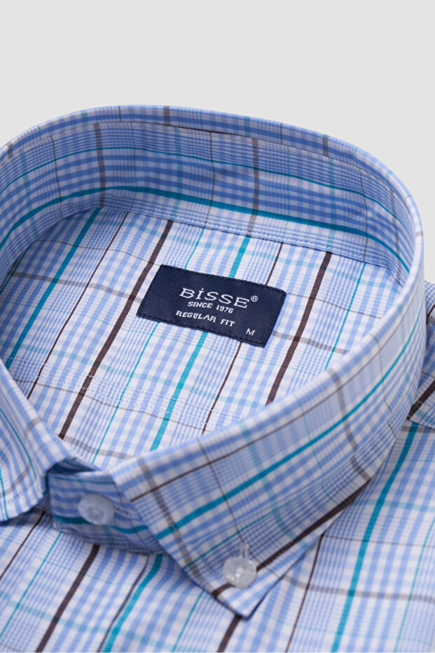 Regular Fit Paşa Yaka Mavi Basic Spor Erkek Gömlek - 6