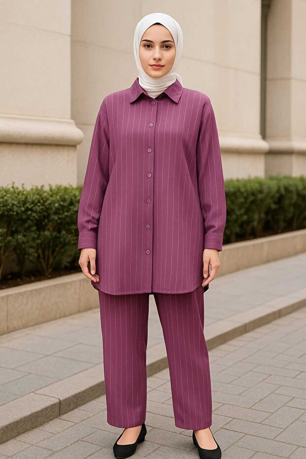 Women's Crepe Lycra Stretchy Striped Fabric Buttoned Elastic Waist Bottom and Top Set