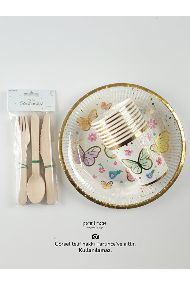 8 Kişilik Makaron Kelebek Tema Kullan At Karton Tabak Bardak Çatal Kaşık Bıçak Yaldızlı Parti Seti - 6