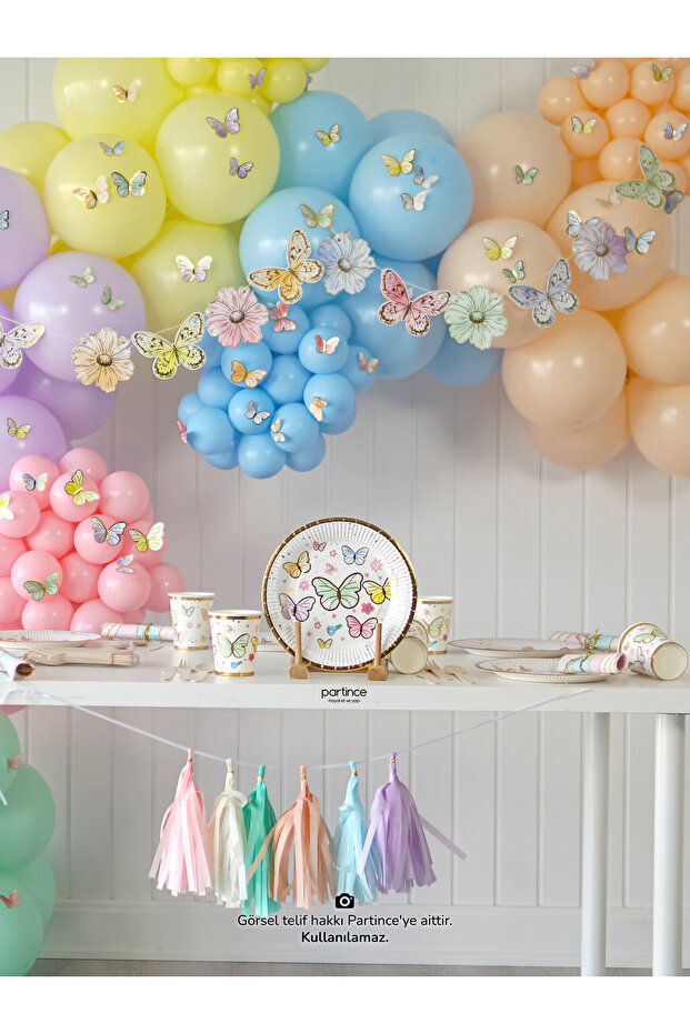 8 Kişilik Makaron Kelebek Tema Kullan At Karton Tabak Bardak Çatal Kaşık Bıçak Yaldızlı Parti Seti - 5