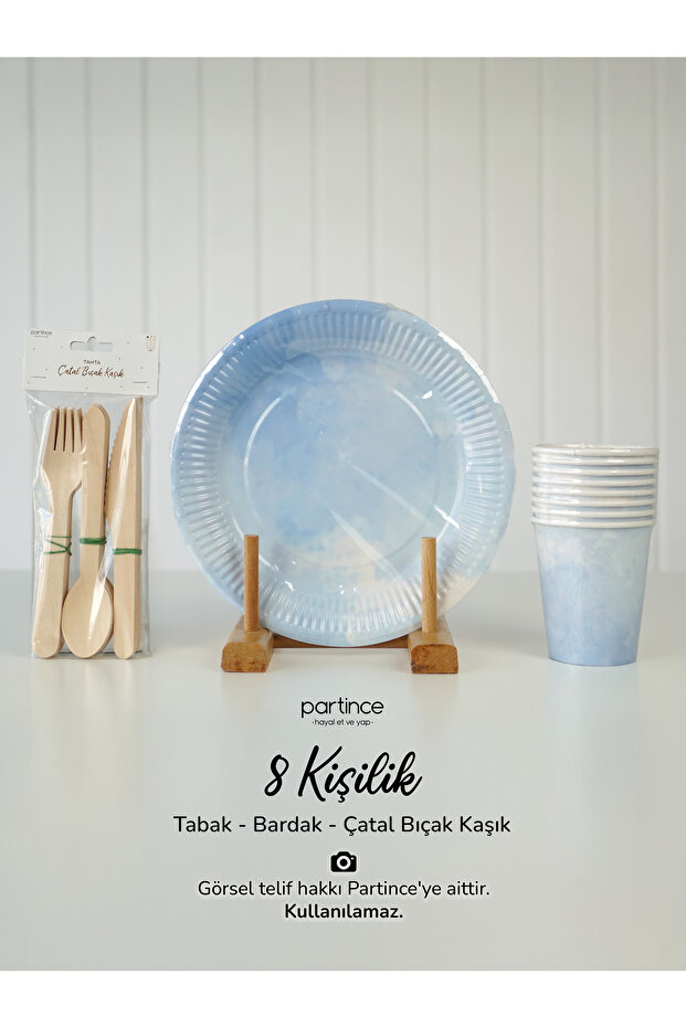 8 Kişilik Makaron Mavi Tema Kullan At Karton Tabak Bardak Çatal Kaşık Bıçak Parti Seti - 1
