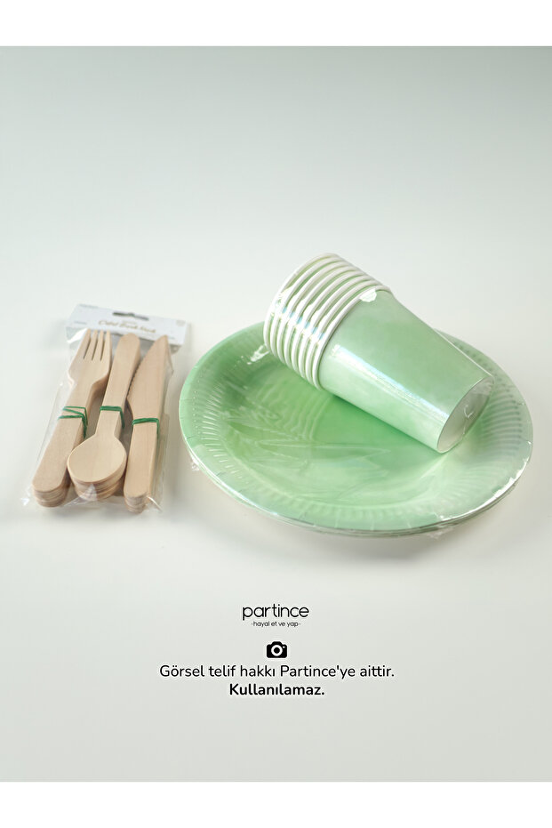 8 Kişilik Makaron Mint Renkli Kullan At Karton Tabak Bardak Çatal Kaşık Bıçak Parti Seti - 4