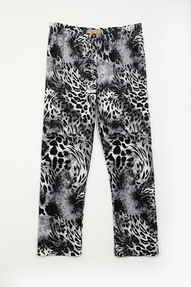 Women's Soft Velvet Textured Leopard Patterned Pajama Bottoms Relaxed Long Narrow Leg