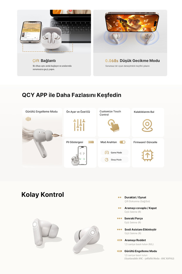 Buds Anc Ht15 Bluetooth Kulaklık 45 Db. Anc 6 Mikrofon Enc Çift Cihaz Ipx4 Siyah - 5