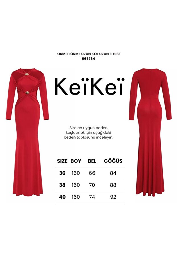 Kırmızı örme uzun kol uzun elbise - 3