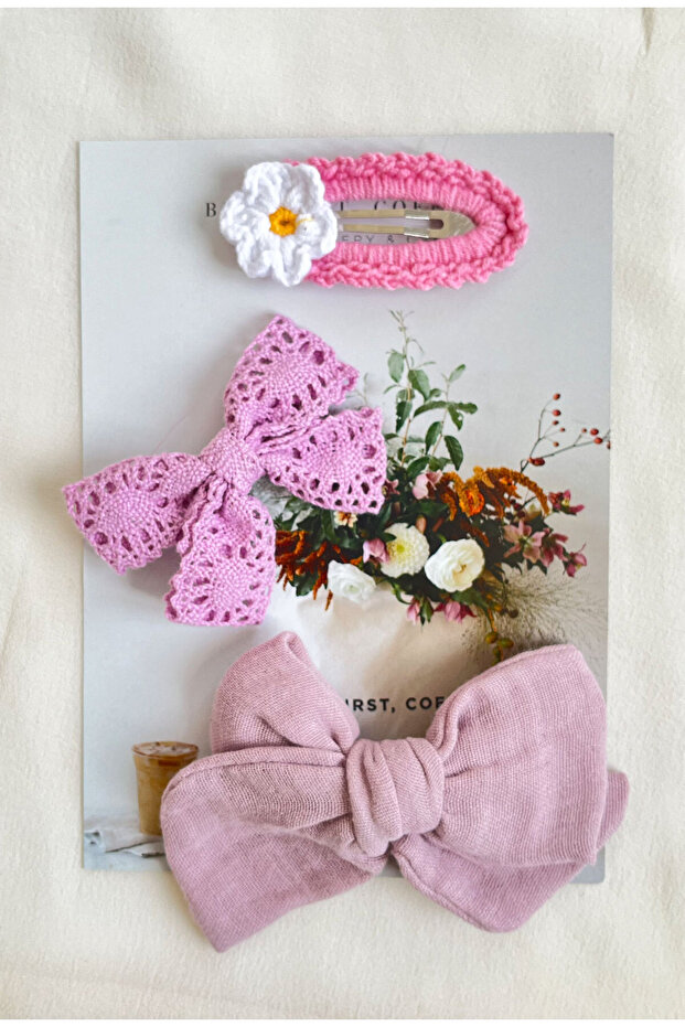 Lila Örgü Çiçek 3'lü Toka Set - 2